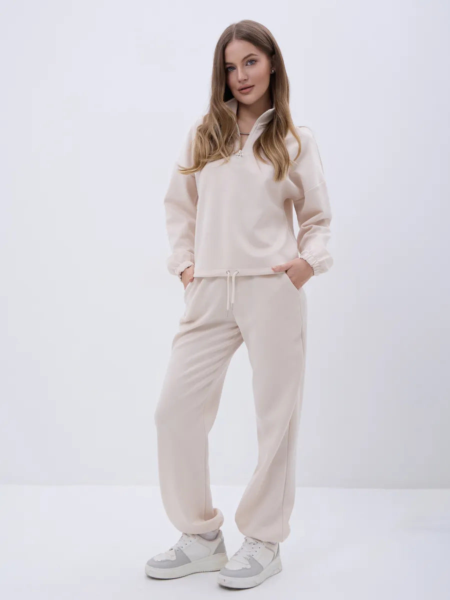 Damen weiches Lounge-Set mit halbem Reißverschluss, Kordelzughose und elastischen Bündchen EB