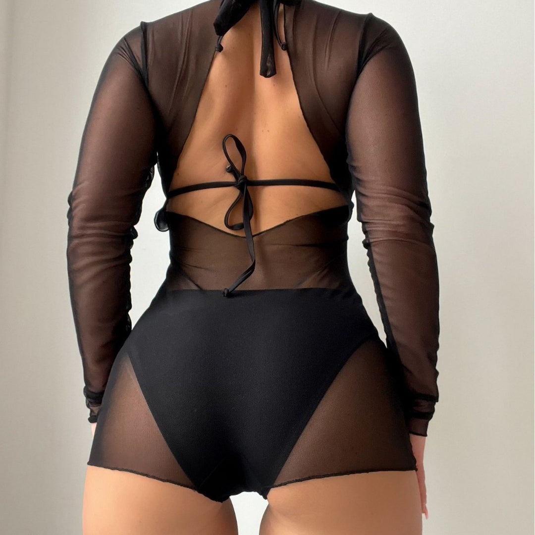 Damen High-Cut Badeanzug mit transparenten Ärmeln EB