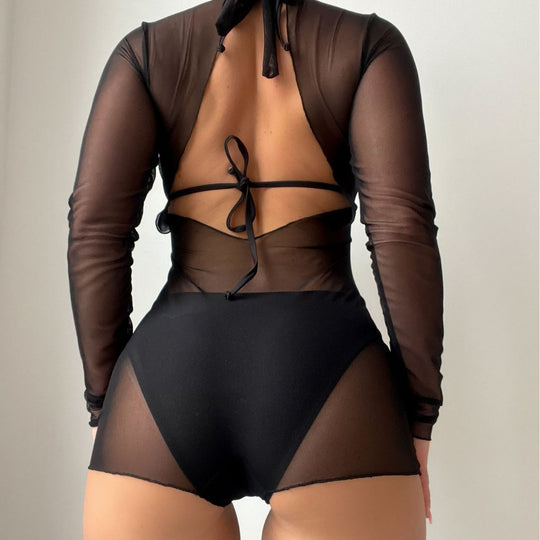 Damen High-Cut Badeanzug mit transparenten Ärmeln EB