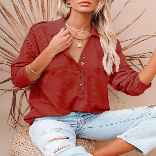 Damen nan lässiges Waffel-Polohemd mit Henley-Knopfleiste und überschnittener Schulter EB