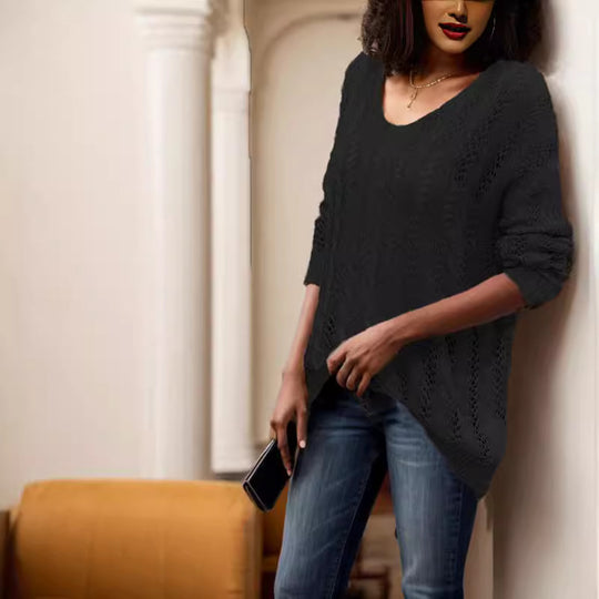 Damen luftiger Strickpullover mit Rippstruktur und asymmetrischem Saum EB