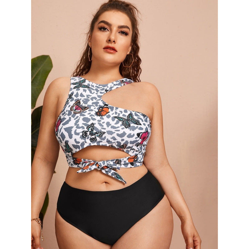 Damen Cut-Out Bikini mit modischem Blütenmuster und hohem Taillen-Slip EB
