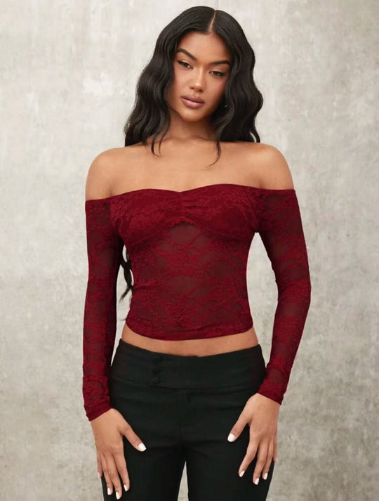 Damen Off-Shoulder Spitzenoberteil mit langen Ärmeln und romantischen Details EB