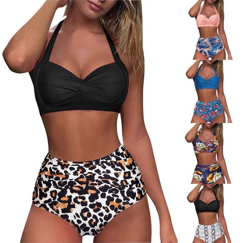 Damen Hochtaillierter Karobikini mit gerafftem Oberteil EB