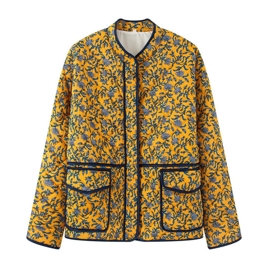 Damen außergewöhnliche Steppjacke mit floralen Mustern und praktischen Taschen EB