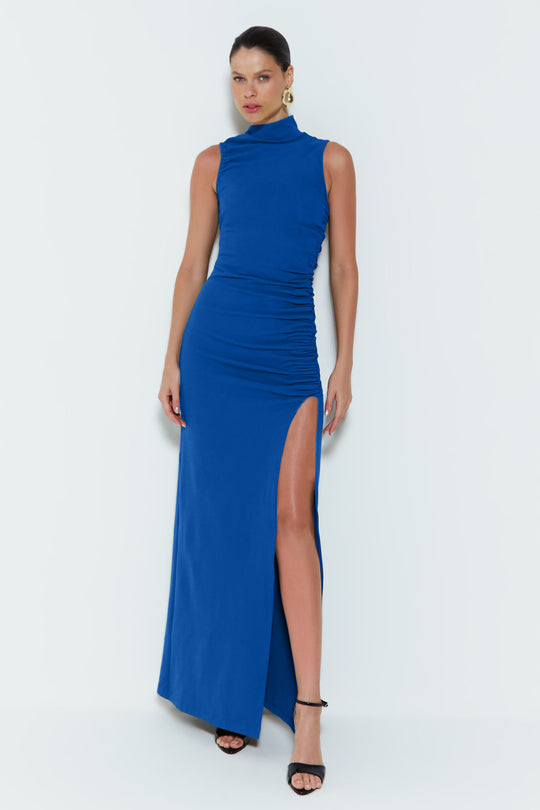 Damen Figurbetontes Maxikleid mit Stehkragen und geschmeidigem Rüschen-Design EB