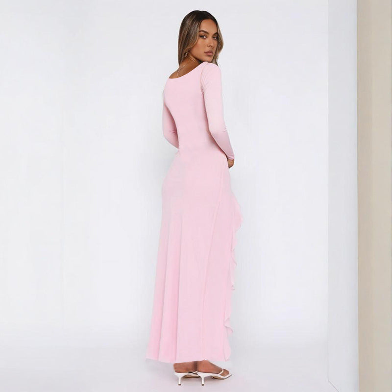 Damen elegantes Maxikleid mit Rüschen und tiefem Ausschnitt EB