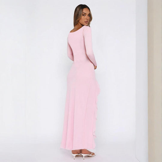 Damen elegantes Maxikleid mit Rüschen und tiefem Ausschnitt EB
