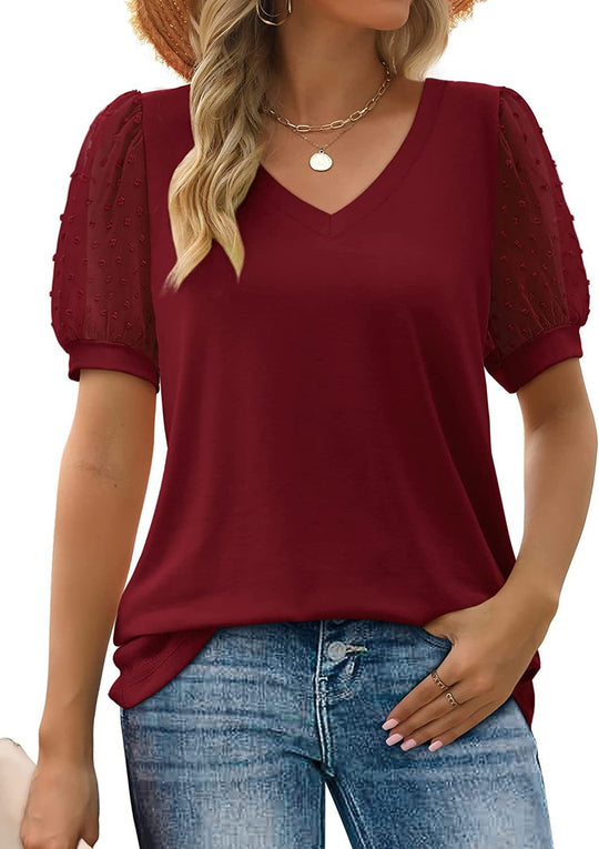 Damen V-Ausschnitt T-Shirt mit Puffärmeln EB