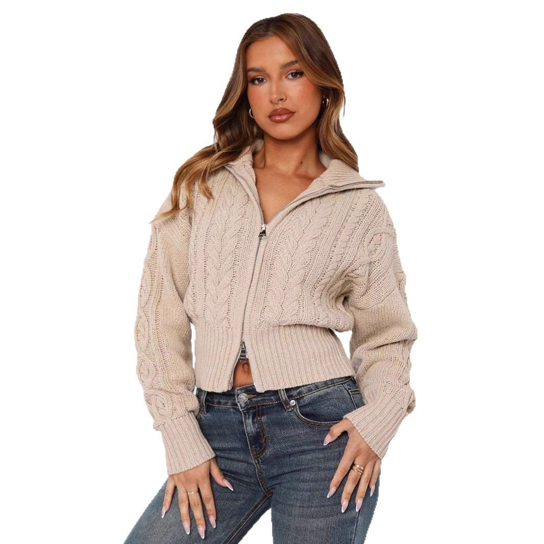Damen cropped Strickjacke mit detailliertem Zopfmuster und hohem Kragen EB