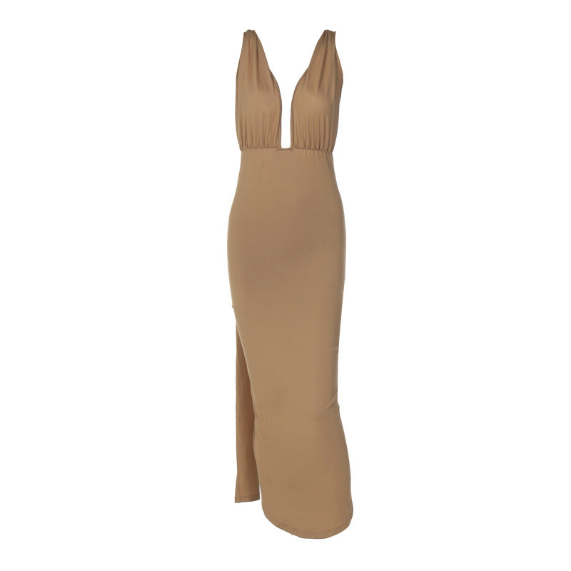 Damen Maxikleid mit tiefem V-Ausschnitt und seitlichem Schlitz EB