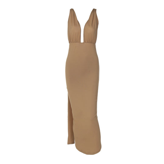 Damen Maxikleid mit tiefem V-Ausschnitt und seitlichem Schlitz EB