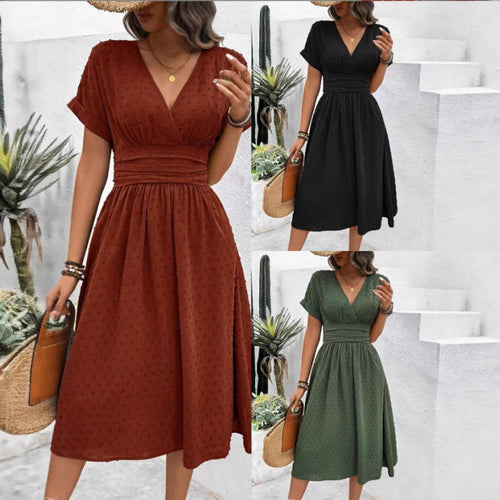Damen Midikleid mit V-Ausschnitt und Taillenakzent EB