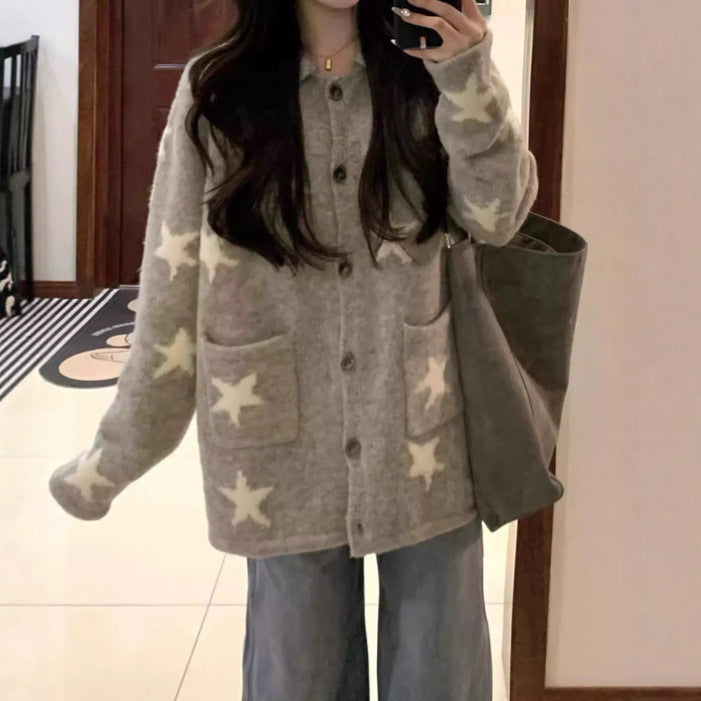 Damen Strickjacke mit Sternenmuster und praktischen Taschen EB