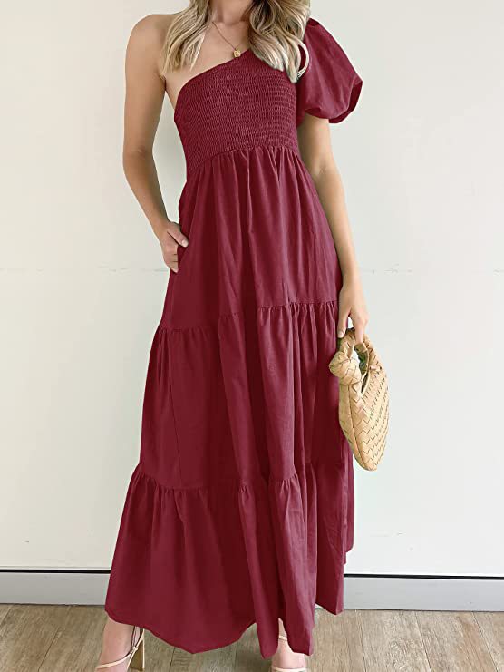 Damen Maxikleid mit asymmetrischem Trägerdesign und voluminösem Rock EB