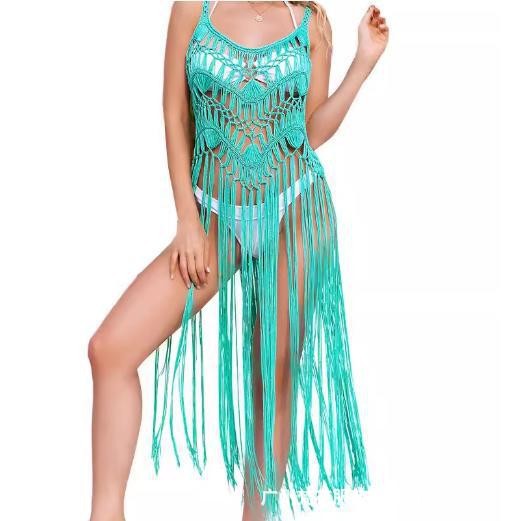 Damen Boho Chic Maxi-Kleid mit Fransen und gehäkeltem Oberteil EB