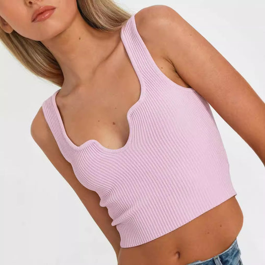 Damen Crop-Top mit Wellen-Ausschnitt und feiner Rippstruktur EB