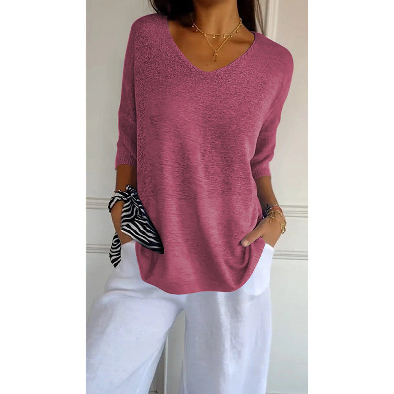 Damen nan locker sitzender V-Ausschnitt Feinstrickpullover mit dreiviertelÄrmeln EB