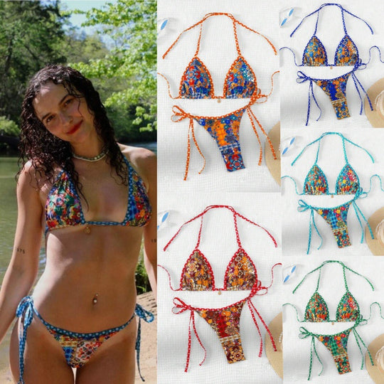 Damen Triangel-Bikini mit floralem Design und verstellbaren Bändern EB