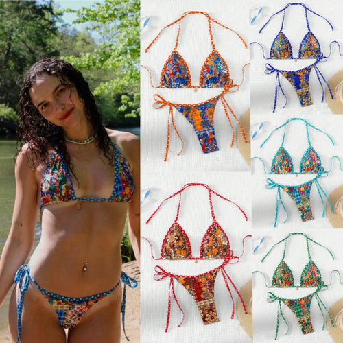 Damen Triangel-Bikini mit floralem Design und verstellbaren Bändern EB