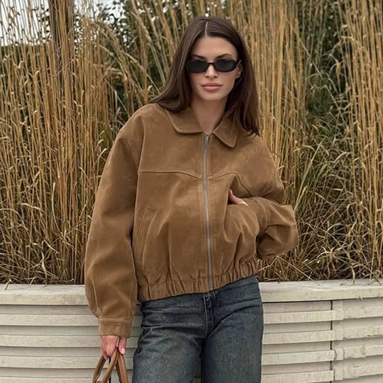 Damen Modische Wildlederjacke mit elastischem Bund und asymmetrischem Kragen EB