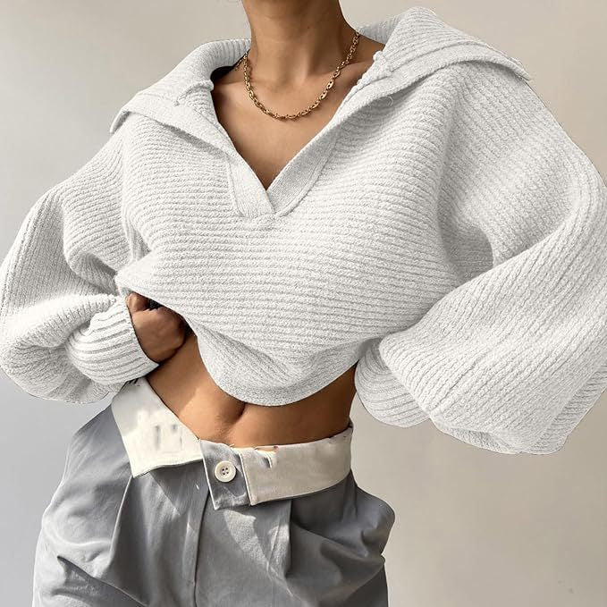 Damen nan Grobstrick-Pullover mit weitem Kragen und V-Ausschnitt EB