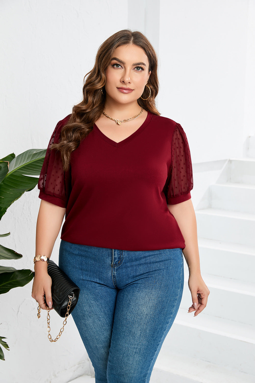 Damen elegantes Blusenshirt mit transparenten Puffärmeln und V-Ausschnitt EB