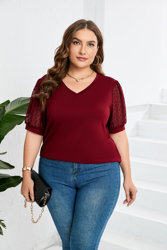 Damen elegantes Blusenshirt mit transparenten Puffärmeln und V-Ausschnitt EB