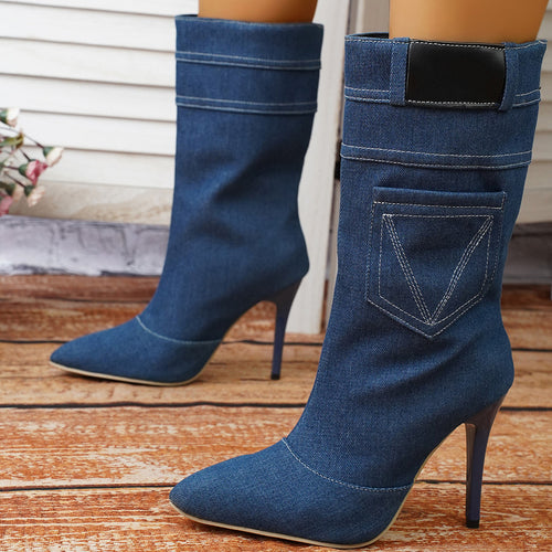 Damen Overknee-Stiefel aus hochwertigem Denim mit elegantem Absatz EB