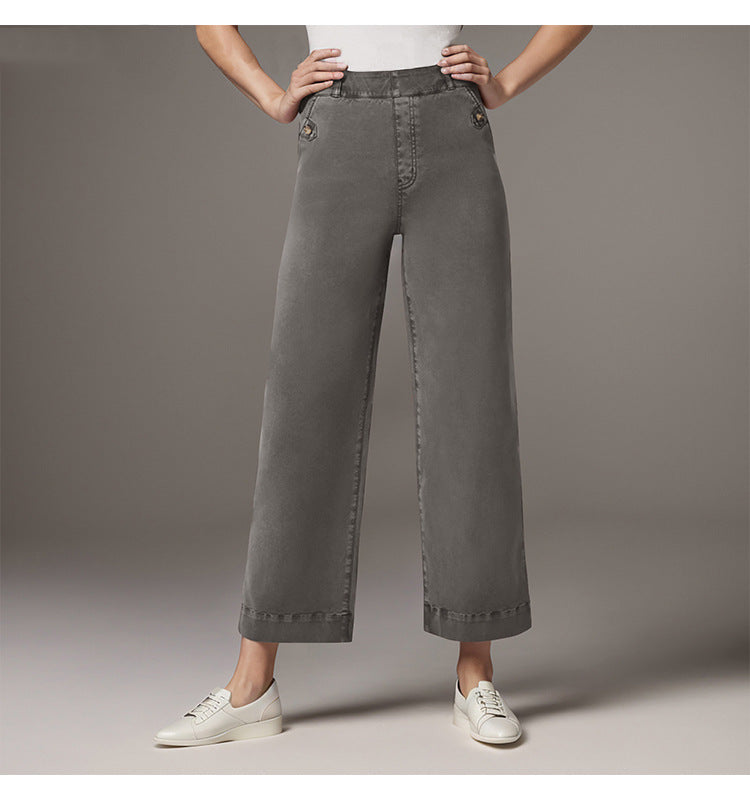 Damen Weite High-Waist Hose mit modischen Knopfdetails EB