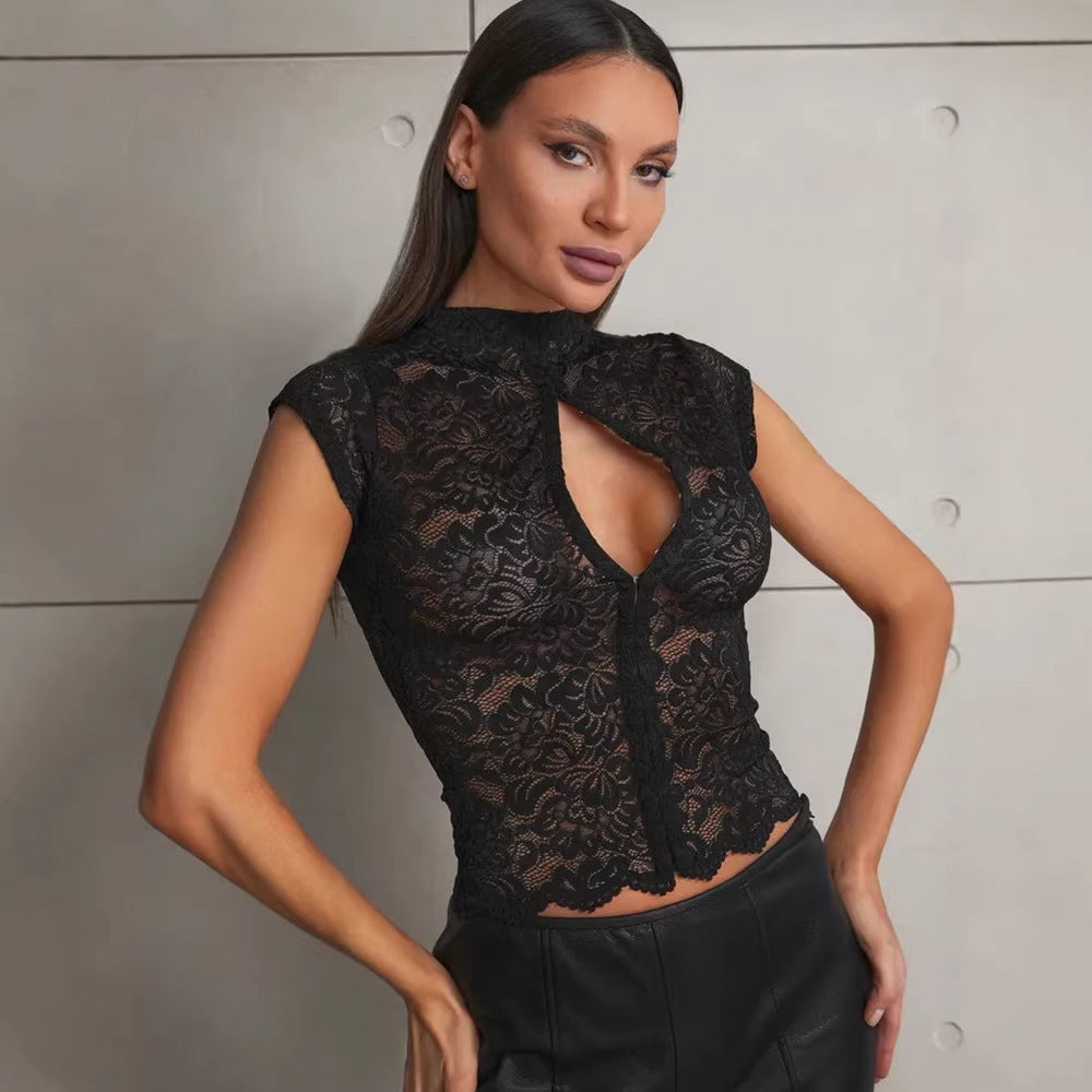 Damen Spitzenbluse mit Stehkragen EB