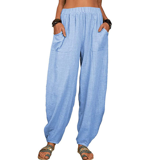 Damen nan lockere Leinenhose mit weitem Bein elastischem Bund und großen aufgesetzten Taschen EB
