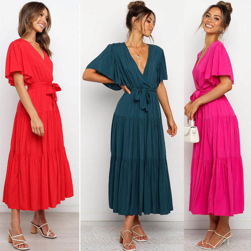 Damen Maxikleid mit tiefem V-Ausschnitt und schwingenden Ärmeln EB