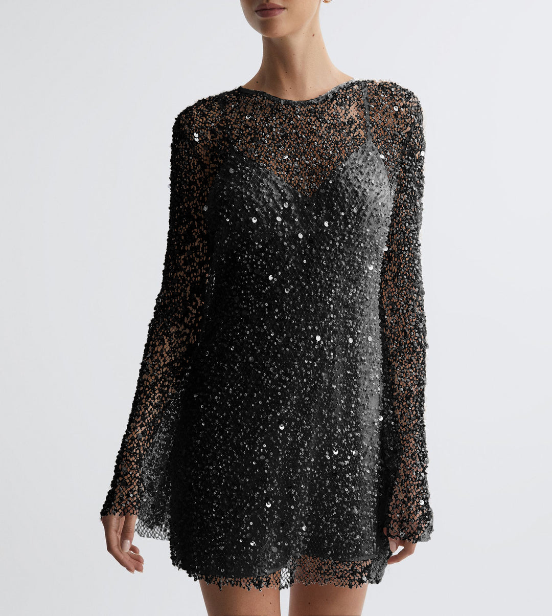 Damen Glitzerndes Cocktailkleid mit schimmernden Pailletten und langen Ärmeln EB