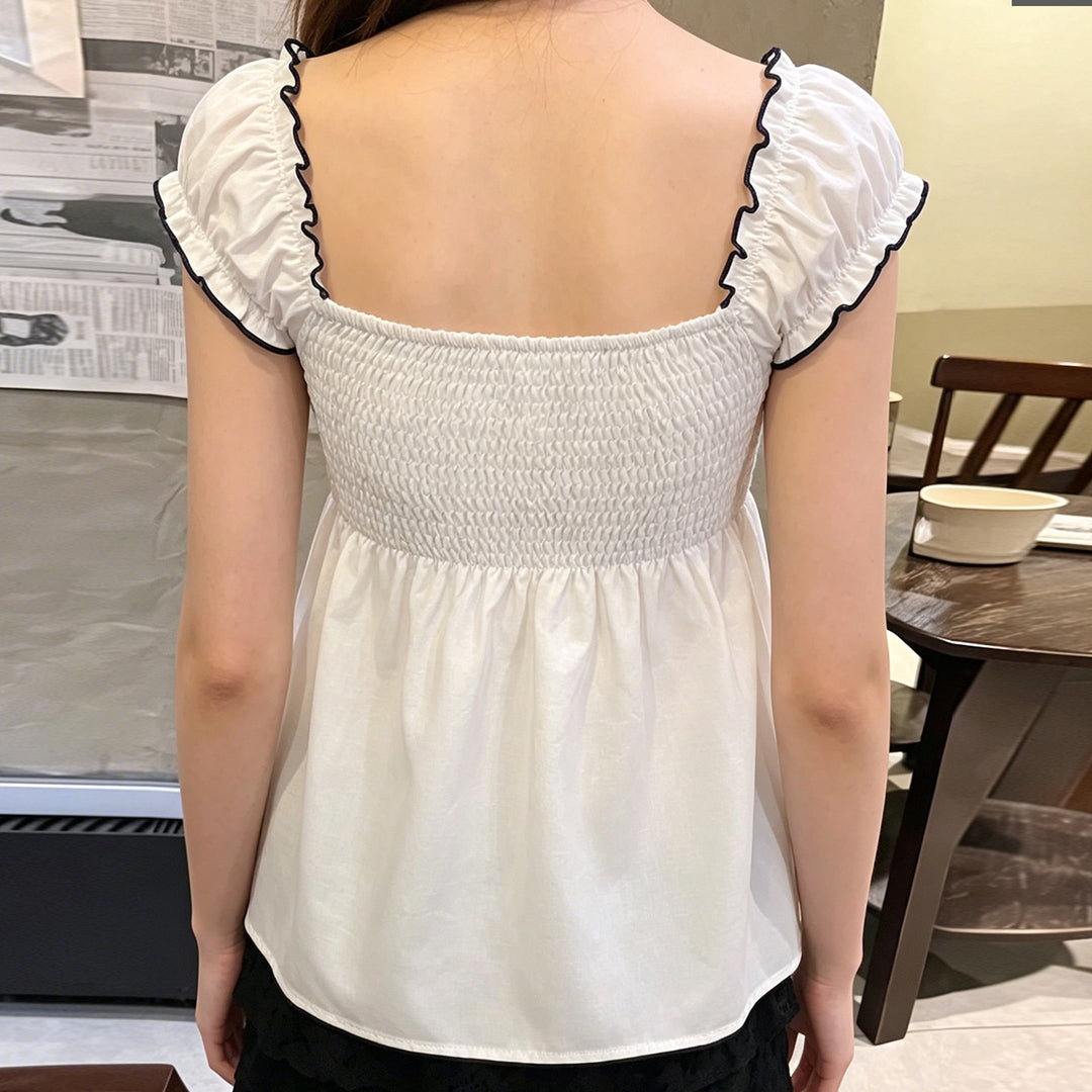 Damen Baumwollbluse mit floralem Stickdesign und schickem Rüschensaum EB
