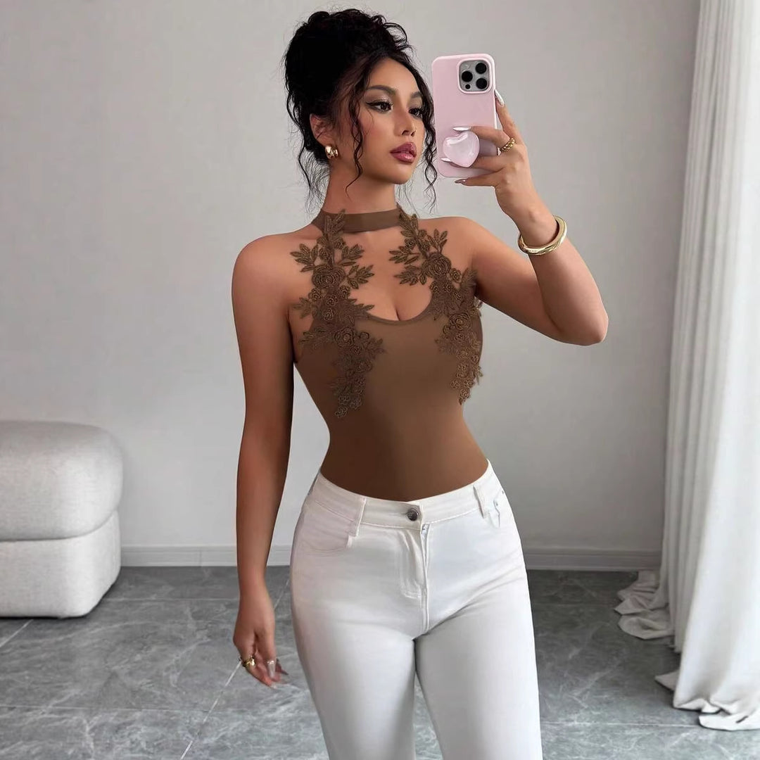 Damen Elegantes Bodysuit mit floralem Spitzeneinsatz EB