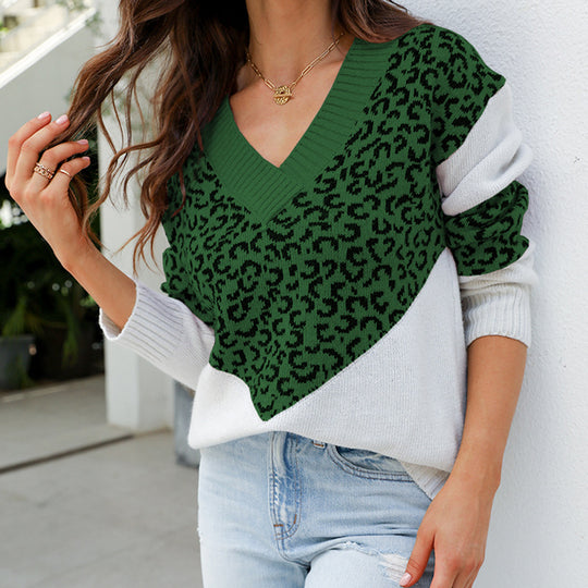 Damen Modischer Pullover mit einzigartigem Leopardenmuster und V-Ausschnitt EB