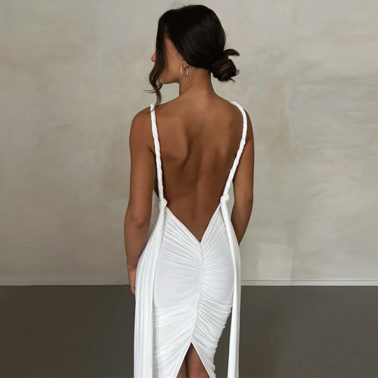 Damen Maxikleid mit tiefem V-Ausschnitt und seitlichem Schlitz EB
