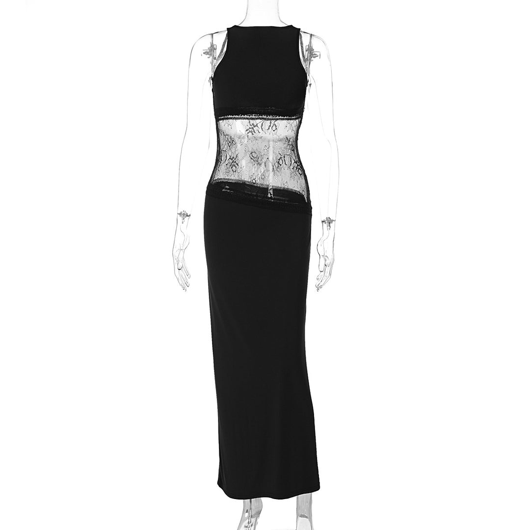 Damen Langes Abendkleid mit transparentem Spitzen-Overlay und figurbetonter Passform EB