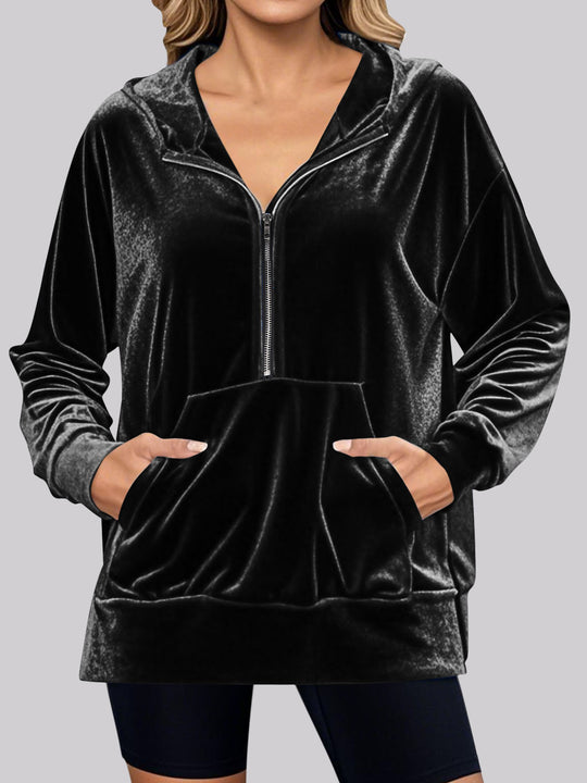 Damen kuscheliges Fleece-Hoodie mit praktischen Taschen und halbem Reißverschluss EB