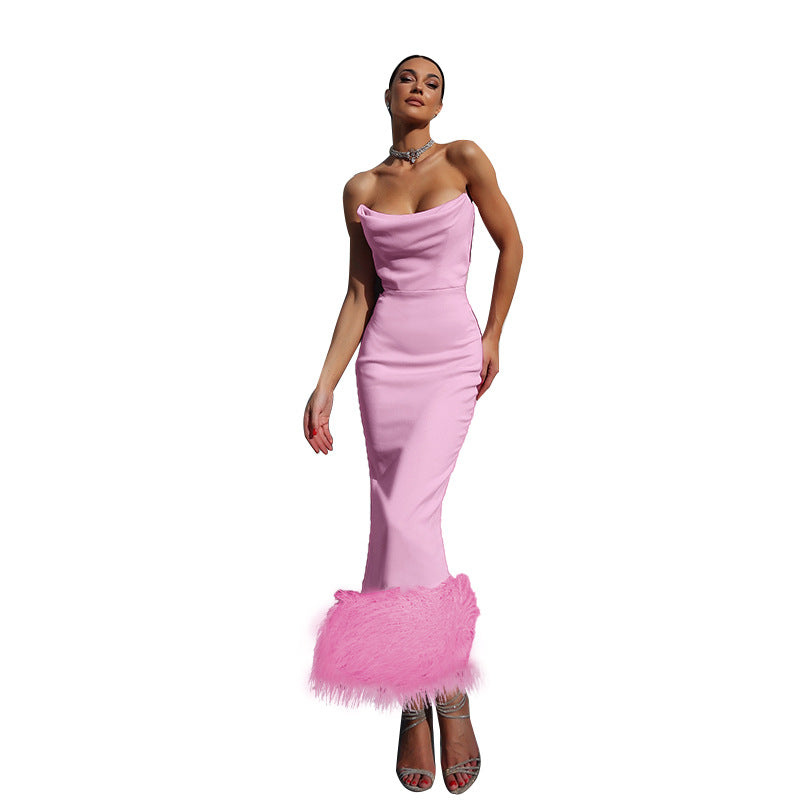 Damen Elegantes Midi-Kleid mit verführerischem Federbesatz EB