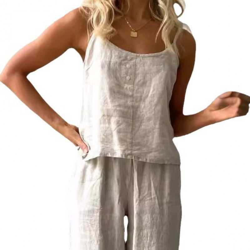 Damen lässiges Leinen-Set mit trägerloser Bluse und weiten Hosen EB