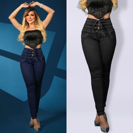 Damen Hochtaillierte Jeggings mit Schnürung EB