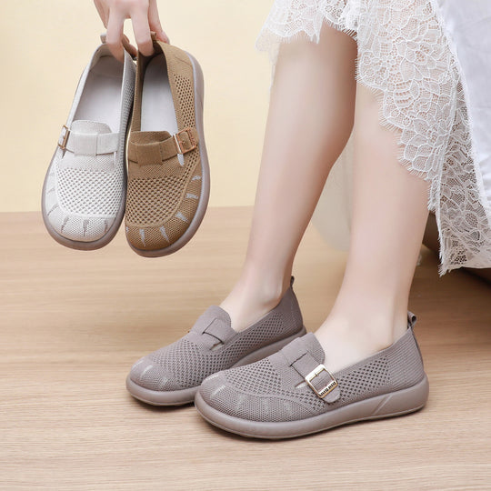 Damen Komfortable Slip-On Schuhe mit flexiblem Strickoberteil und modischem Schnallen-Detail EB
