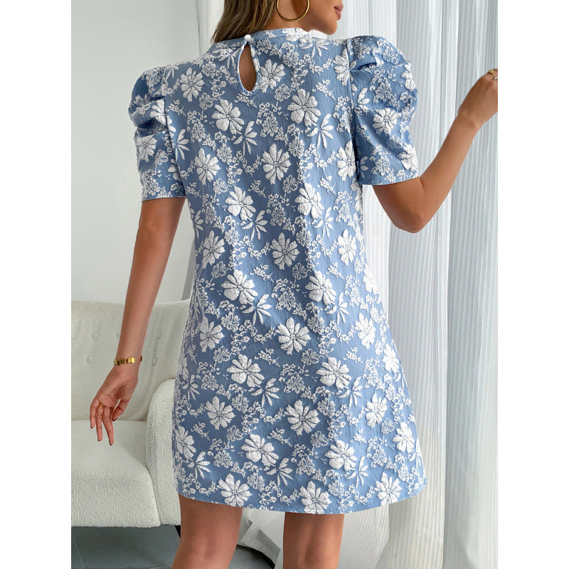 Damen Kurzarmkleid mit voluminiösen Ärmeln und floralen Stickereien EB