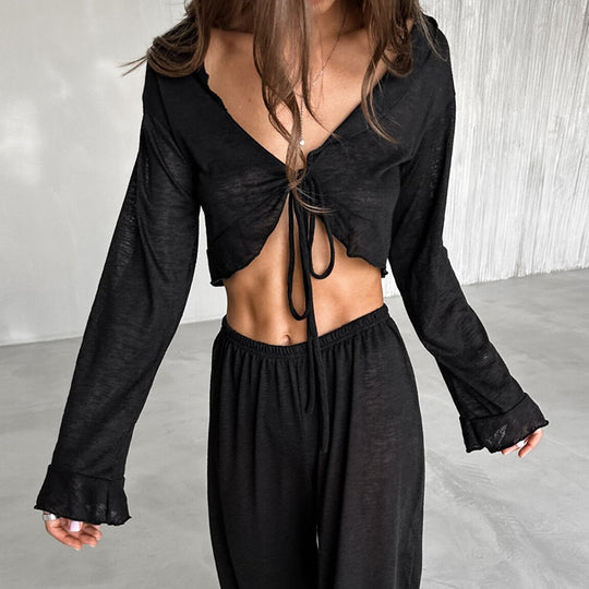 Damen Lässiges Lounge-Set mit cropped Oberteil und weit geschnittenen Hosen EB