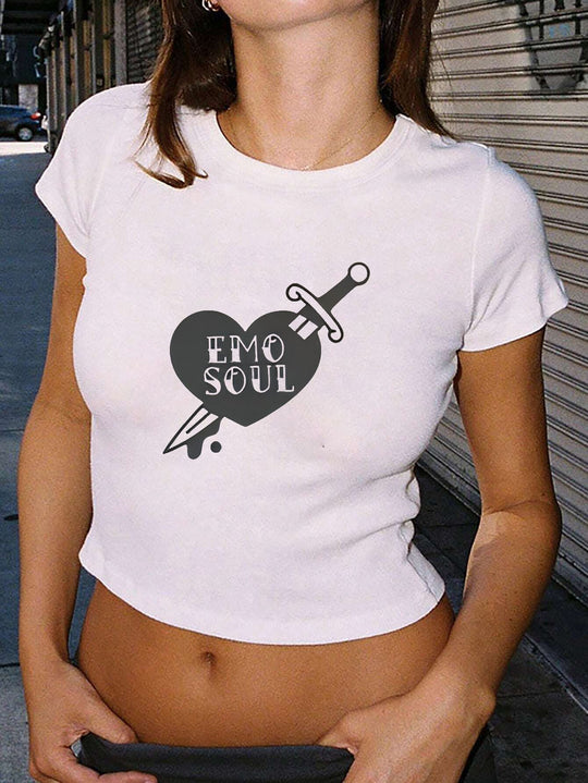Damen Crop-T-Shirt mit kreativem Telefon-Design EB