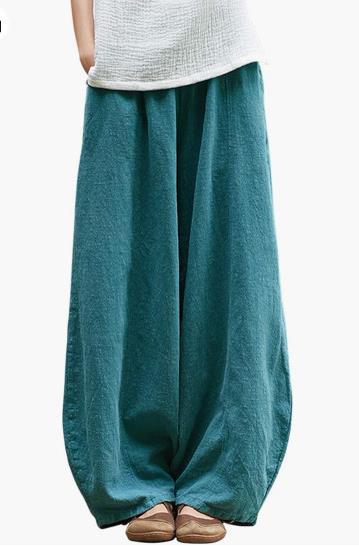 Damen weite Leinenhose mit elastischem Bund und praktischen Taschen EB