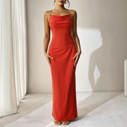 Damen Elegantes Langarm-Maxikleid mit tiefem V-Ausschnitt und zarten Rüschendetails EB