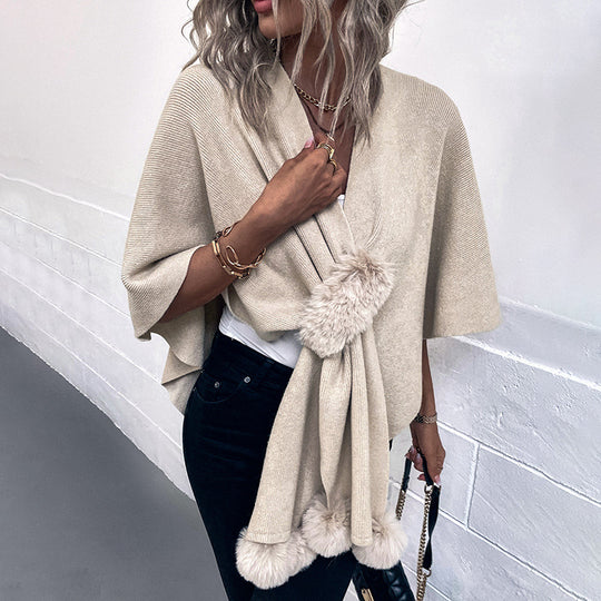Damen eleganter Poncho mit luxuriösem Kunstfellbesatz EB